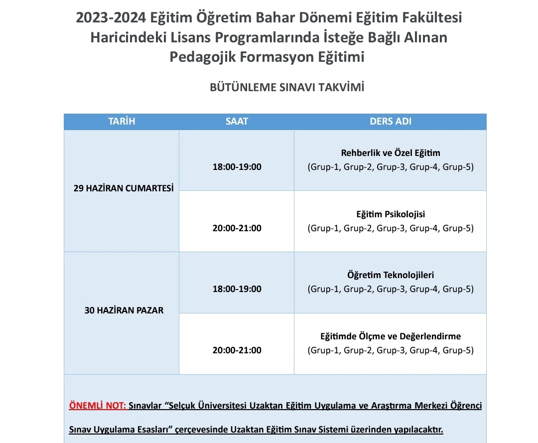 2023-2024 Eğitim-Öğretim Yılı Bahar Dönemi Formasyon Eğitimi Bütünleme Sınav Programı